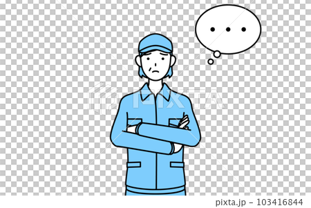 A senior woman in a hat and work clothes who thinks with her arms crossed (manager, manager, boss) A senior woman in a hat and work clothes who thinks with her arms crossed (manager, manager, boss) 103416844