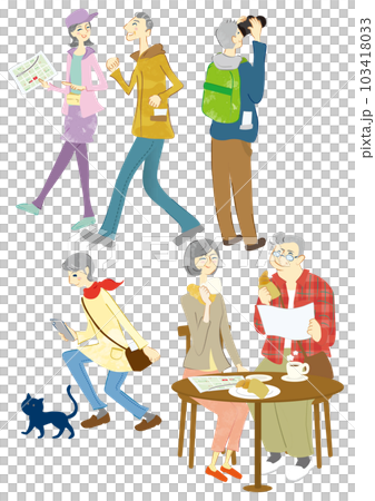 お出かけを楽しむ笑顔のシニア人物セット 103418033