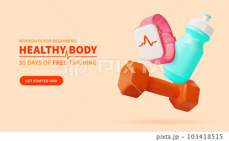 3d Workouts for Beginners Healthy Body Training Ads Banner Concept Poster Card Cartoon Style. Vector illustration 103418515