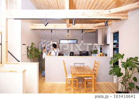 新築のキッチン、日本人の若い夫婦、冷蔵庫で探し物 103418641