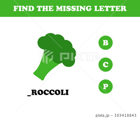 Find the missing letter worksheet for kids, broccoli, vector. Find the missing letter worksheet for kids, broccoli, vector. 103418843