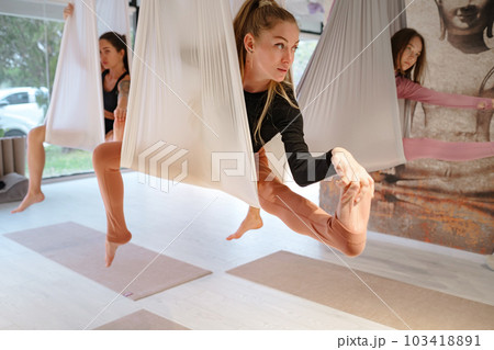 workshop of air yoga and stretching in yoga studio 103418891