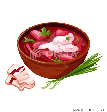 Ukrainian borscht with green onion and with lard. Borscht with lard. 103418971