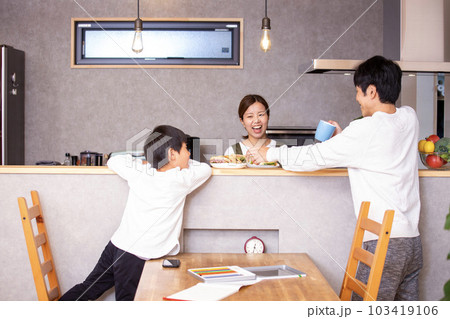 若い家族の普段の生活　休日のキッチン 103419106