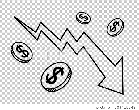 A line drawing of a descending arrow and an image illustration of virtual currency, stocks, and investment 103419348