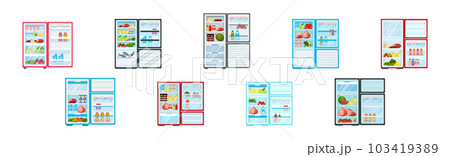 Open Refrigerator or Fridge as Home Appliance for Food Storage with Foodstuff Inside Vector Set Open Refrigerator or Fridge as Home Appliance for Food Storage with Foodstuff Inside Vector Set 103419389