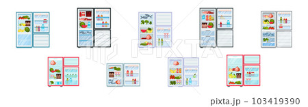 Open Refrigerator or Fridge as Home Appliance for Food Storage with Foodstuff Inside Vector Set 103419390