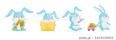 Cute Rabbit with Long Ears Engaged in Different Activities Vector Set Cute Rabbit with Long Ears Engaged in Different Activities Vector Set 103419404