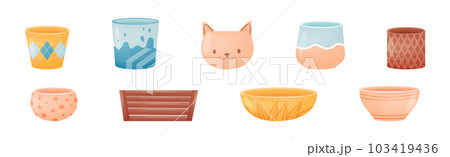 Shaped Ceramic or Clay Empty Pot and Container for Decor Vector Set Shaped Ceramic or Clay Empty Pot and Container for Decor Vector Set 103419436