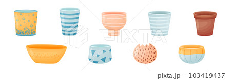 Shaped Ceramic or Clay Empty Pot and Container for Decor Vector Set Shaped Ceramic or Clay Empty Pot and Container for Decor Vector Set 103419437