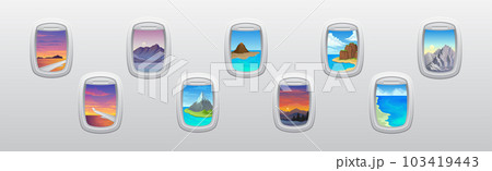 Rounded Airplane Window with Picturesque View Vector Set Rounded Airplane Window with Picturesque View Vector Set 103419443