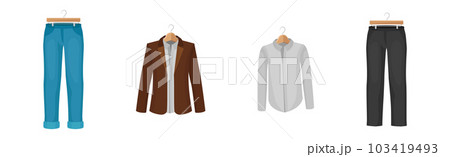 Man Clothing with Jeans, Jacket, Shirt and Trousers on Wooden Hanger Vector Set Man Clothing with Jeans, Jacket, Shirt and Trousers on Wooden Hanger Vector Set 103419493