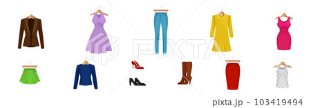 Woman Clothing with Dress and Denim Pants on Hanger Vector Set Woman Clothing with Dress and Denim Pants on Hanger Vector Set 103419494