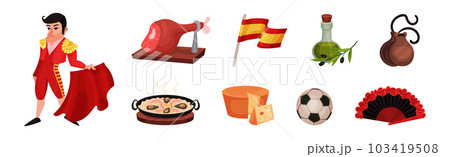 Spain Attributes with Jamon, Olive Oil, Cheese, Football and Paella Vector Set 103419508