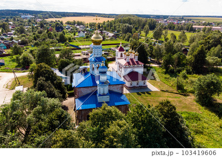 Top view of ancient Orthodox churches in the village of Trubino, Russia Top view of ancient Orthodox churches in the village of Trubino, Russia 103419606