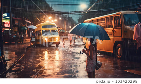 道路にたたずむ女性と雨の降る夜の町 Generative Ai. 道路にたたずむ女性と雨の降る夜の町 Generative Ai. 103420298