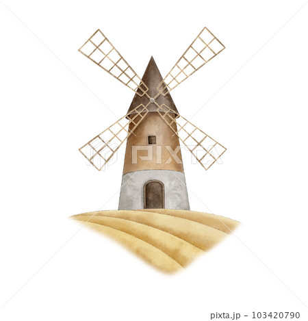 Watercolor windmill tower on wheat field. Hand drawn Netherlands landscape. Vintage Illustration on isolated background for cards, postcards, posters, souvenirs 103420790