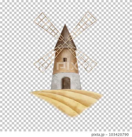 Watercolor windmill tower on wheat field. Hand drawn Netherlands landscape. Vintage Illustration on isolated background for cards, postcards, posters, souvenirs 103420790