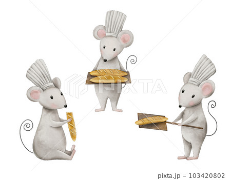 Watercolor boy mouse holding a freshly baked hot delicious bread isolated on background. Hand drawn bakery illustration . Cute mouse-baker eats a baguette, French baguettes 103420802