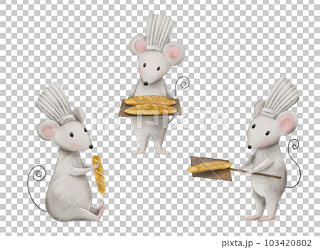 Watercolor boy mouse holding a freshly baked hot delicious bread isolated on background. Hand drawn bakery illustration . Cute mouse-baker eats a baguette, French baguettes 103420802