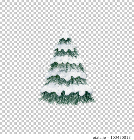 Snow covered Christmas tree. Fir tree. Hand drawn watercolor illustration. Forest template, Winter woodland landscape background. Wild nature in wintertime. Christmas card design. Evergreen tree 103420818