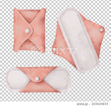 Washable Feminine hygiene products, Set of clean hygienic reusable pads. Menstrual cycle. Women's Health. Menstruation female hygiene product. Coral color. Hand drawn watercolor illustration for pack Washable Feminine hygiene products, Set of clean hygienic reusable pads. Menstrual cycle. Women's Health. Menstruation female hygiene product. Coral color. Hand drawn watercolor illustration for pack 103420833