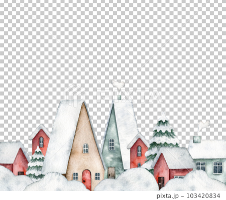 Winter illustration snowy street with cute houses, spruce, bushes in the snow, snowdrifts isolated on background. Hand painted watercolor design for Christmas card, souvenirs, winter poster, happy new Winter illustration snowy street with cute houses, spruce, bushes in the snow, snowdrifts isolated on background. Hand painted watercolor design for Christmas card, souvenirs, winter poster, happy new 103420834
