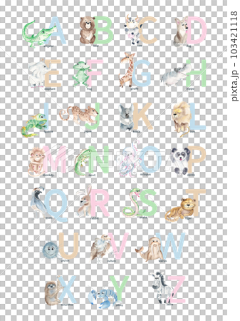 Watercolor hand drawn cute latin animal alphabet. Baby animals with ABC symbols isolated on white background. Can be used as print poster, baby wallart, for baby shower, kids learning English 103421118
