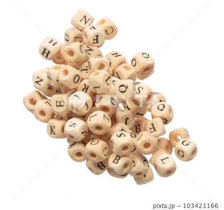 Alphabet letter word wooden bead explode fly in air. Many group of wooden bead screen type font of english letter word in alphabet. White background isolated 103421166