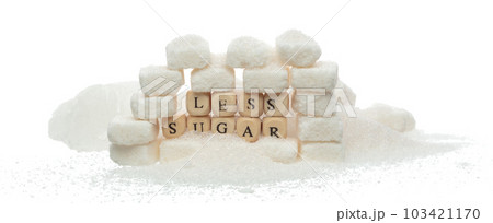 Less Sugar alphabet letter word bead on pile of refined sugar. Diabetes concept to reduce sweet food drink. Less Sugar letter word on sweetener type. White background isolated Less Sugar alphabet letter word bead on pile of refined sugar. Diabetes concept to reduce sweet food drink. Less Sugar letter word on sweetener type. White background isolated 103421170