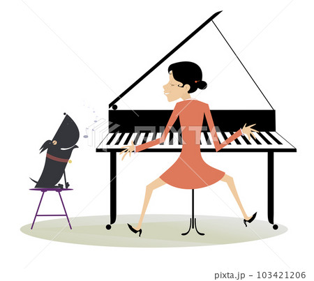 Pianist woman plays piano and the dog howls. Pianist woman plays piano and the dog howls. Isolated on white 103421206