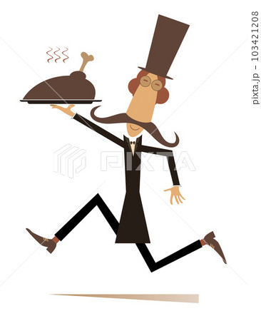 Man carries a tray with meat.  Running long mustache man in the top hat carries a tray with meat, duck or chicken. Isolated on white background 103421208
