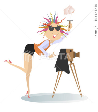Woman a photographer illustration.  Smiling young woman in sunglasses makes photo using a retro camera. Isolated on white background 103421210