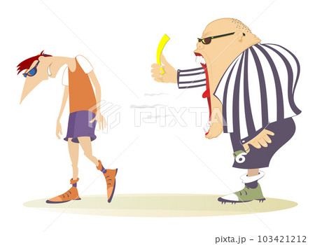 Referee. Yellow card. Sportsperson.  Cartoon referee shows a yellow card to the player. Removal from the game 103421212