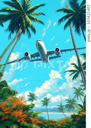 Illustration of an airplane flying to the island of Hawaii, USA 103421401
