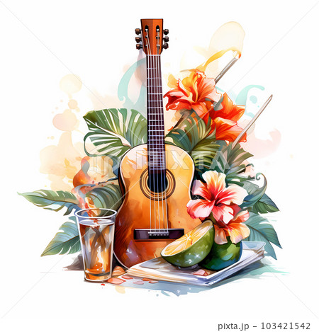Illustration of the composition of guitar, drinks and palm leaves Illustration of the composition of guitar, drinks and palm leaves 103421542
