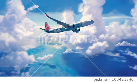 Illustration of an airplane flying to the island of Hawaii, USA Illustration of an airplane flying to the island of Hawaii, USA 103421546