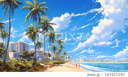 Illustration of a sunny day in an American resort town 103421597