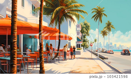 Illustration of a sunny day in an American resort town 103421598