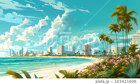 Illustration of a sunny day in an American resort town 103421606