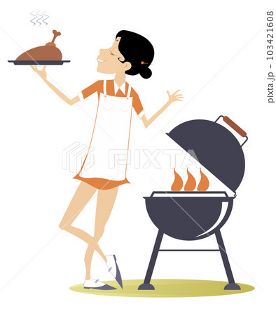 Smiling woman preparing meat on fire. Barbecue. Cheerfulness young woman frying meat duck or chicken on the grill 103421608