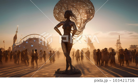 Illustration of the Burning Man Festival in the Black Rock Desert in Nevada, USA Illustration of the Burning Man Festival in the Black Rock Desert in Nevada, USA 103421716