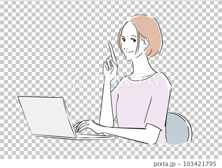 A woman explaining while working on a laptop 103421795