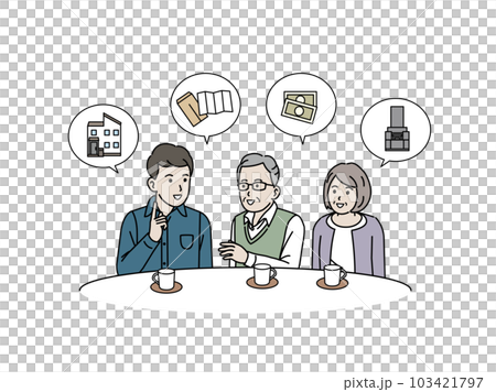 終活や相続について息子に相談する老夫婦 103421797