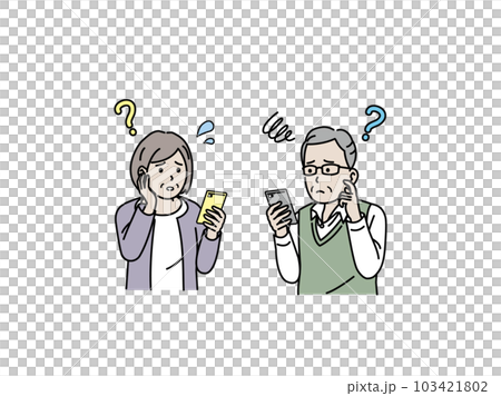 Elderly people who are in trouble because they do not understand the operation of smartphones, elderly couples Elderly people who are in trouble because they do not understand the operation of smartphones, elderly couples 103421802