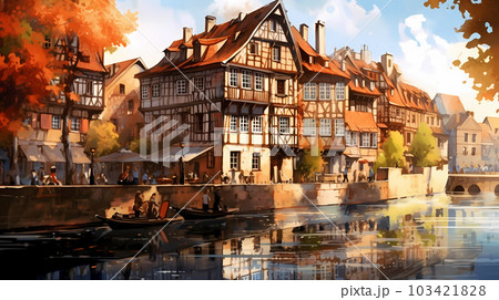 Illustration of traditional colorful half-timbered houses and a river in an old European town Illustration of traditional colorful half-timbered houses and a river in an old European town 103421828