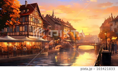 Illustration of traditional colorful half-timbered houses and a river in an old European town Illustration of traditional colorful half-timbered houses and a river in an old European town 103421833