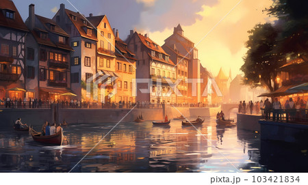 Illustration of traditional colorful half-timbered houses and a river in an old European town 103421834