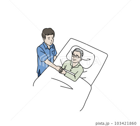 寝たきりの年配の男性を介護する息子 103421860