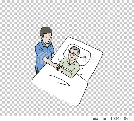 寝たきりの年配の男性を介護する息子 103421860